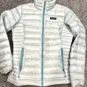 Teal and white Patagonia down puffer coat